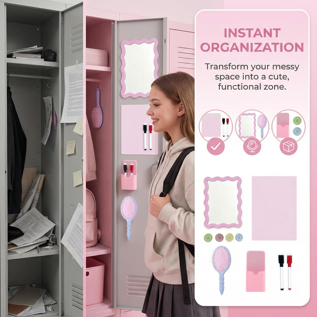 Pink Magnetic Locker Accessories Set (10 Pcs) – Shatter-Resistant Mirror, Whiteboard, Pen Holder, Comb, Markers & Magnet Clips – Cute Organizer for School, Gym, Work Locker Essentials for Girls Teens