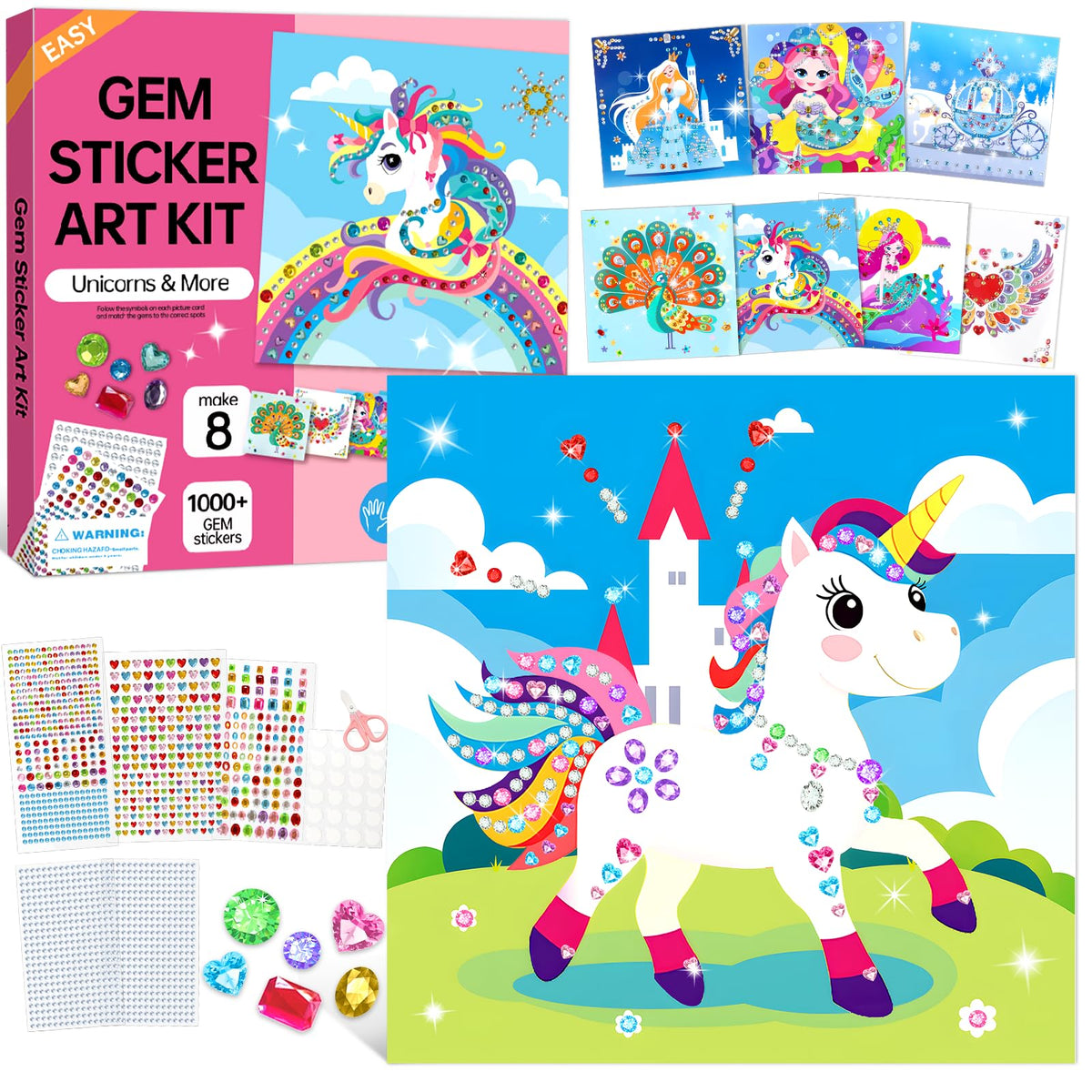 Gem Art Sticker Kit, Arts and Crafts for Kids Age 4-12, 8 Unicorn Princess Themes Diamond Art Kit, Gemstone Sticker Crafts Christmas Birthday Gifts for Girls Ages 4,5,6,7,8 Year Old