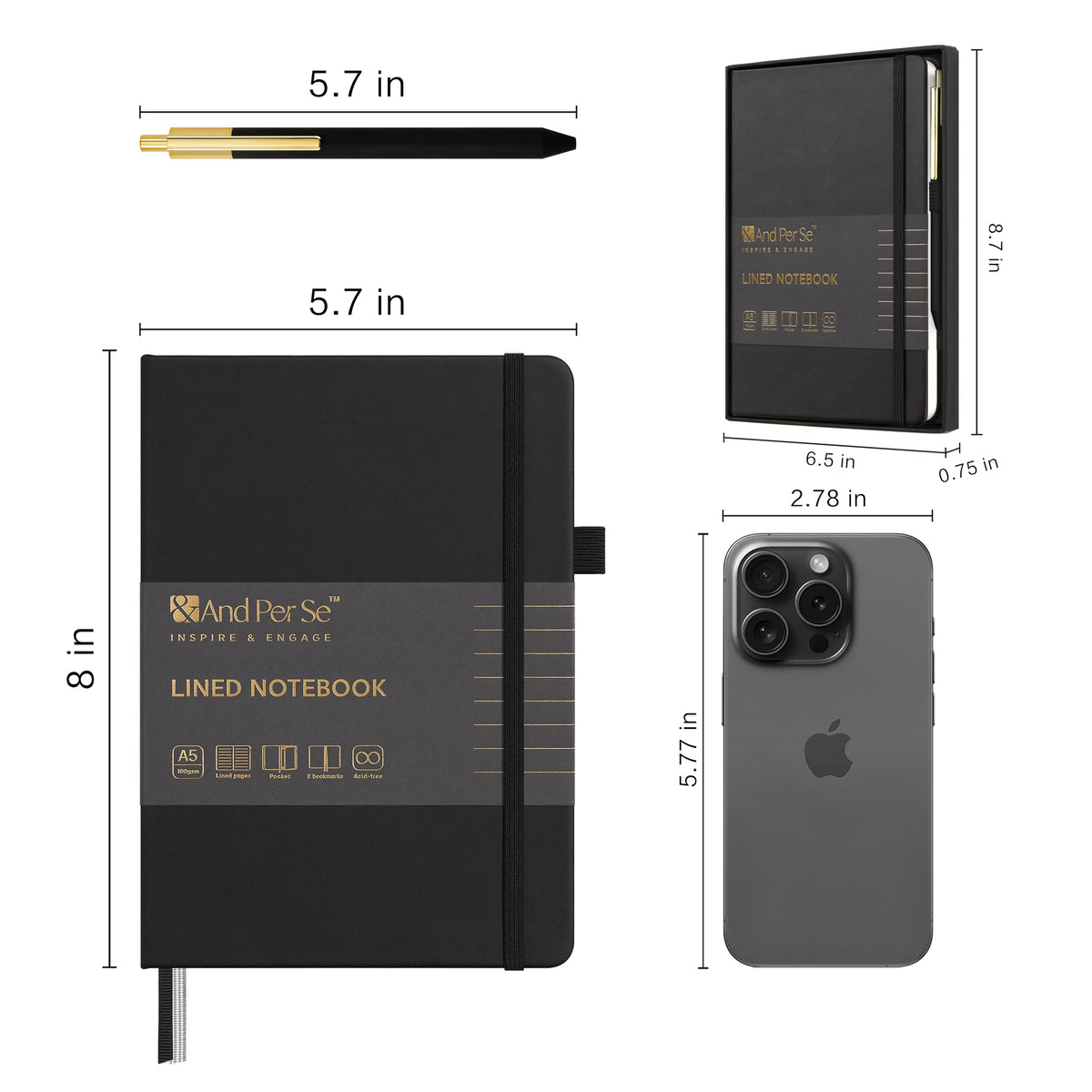 &And Per Se Lined Journal and Pen Set, A5 Leather Journal Stationery Set, 160 Pages 100GSM Thick Paper, Notebook Gift Set (Black)