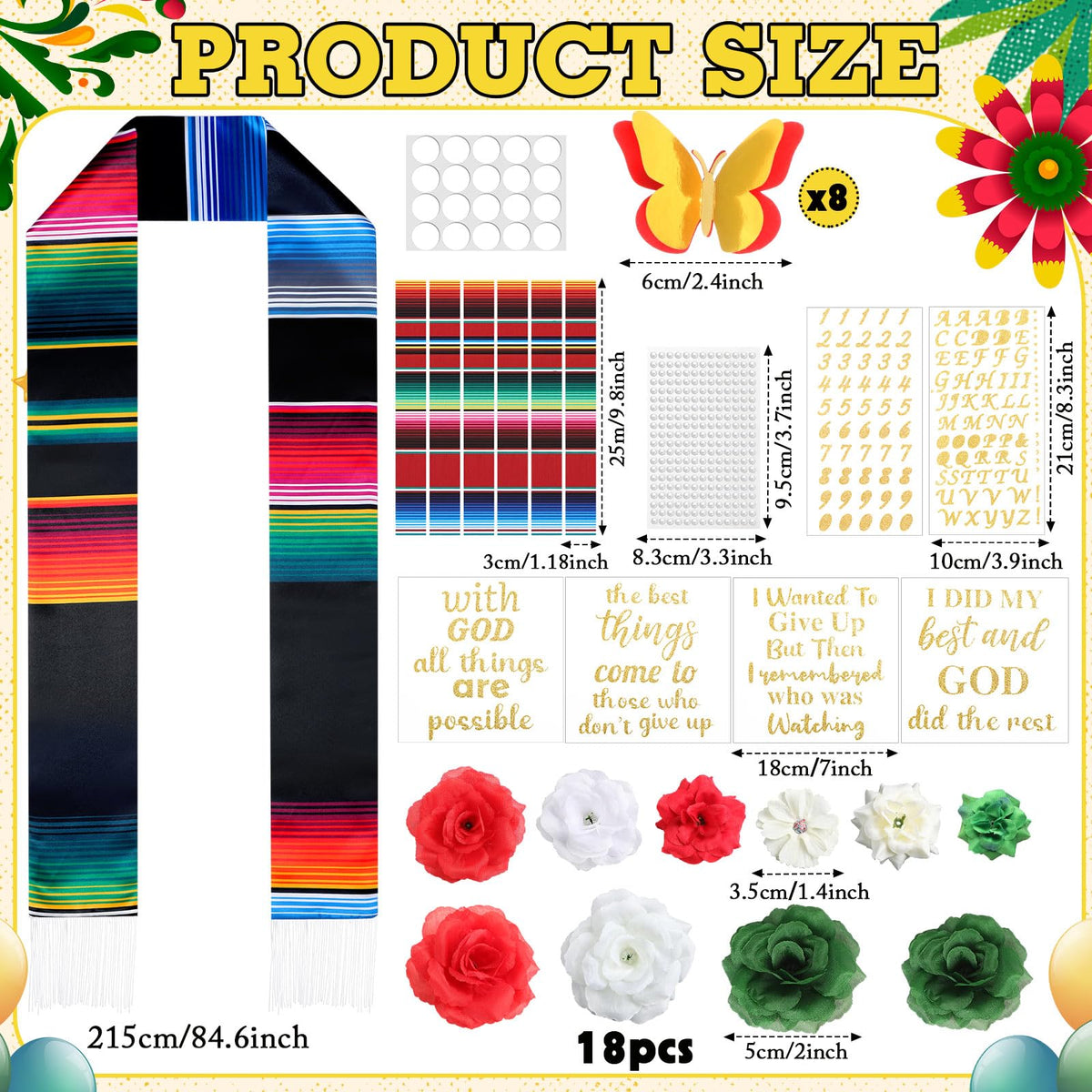 Knitgrip 41 Pcs DIY Mexican Graduation Cap Decorations Kit Graduation Stole Faux Flower Heads Graduation Quotes 3D Butterfly Glitter Letter Stickers Pearl Stickers for Graduation Cap Decoration Craft