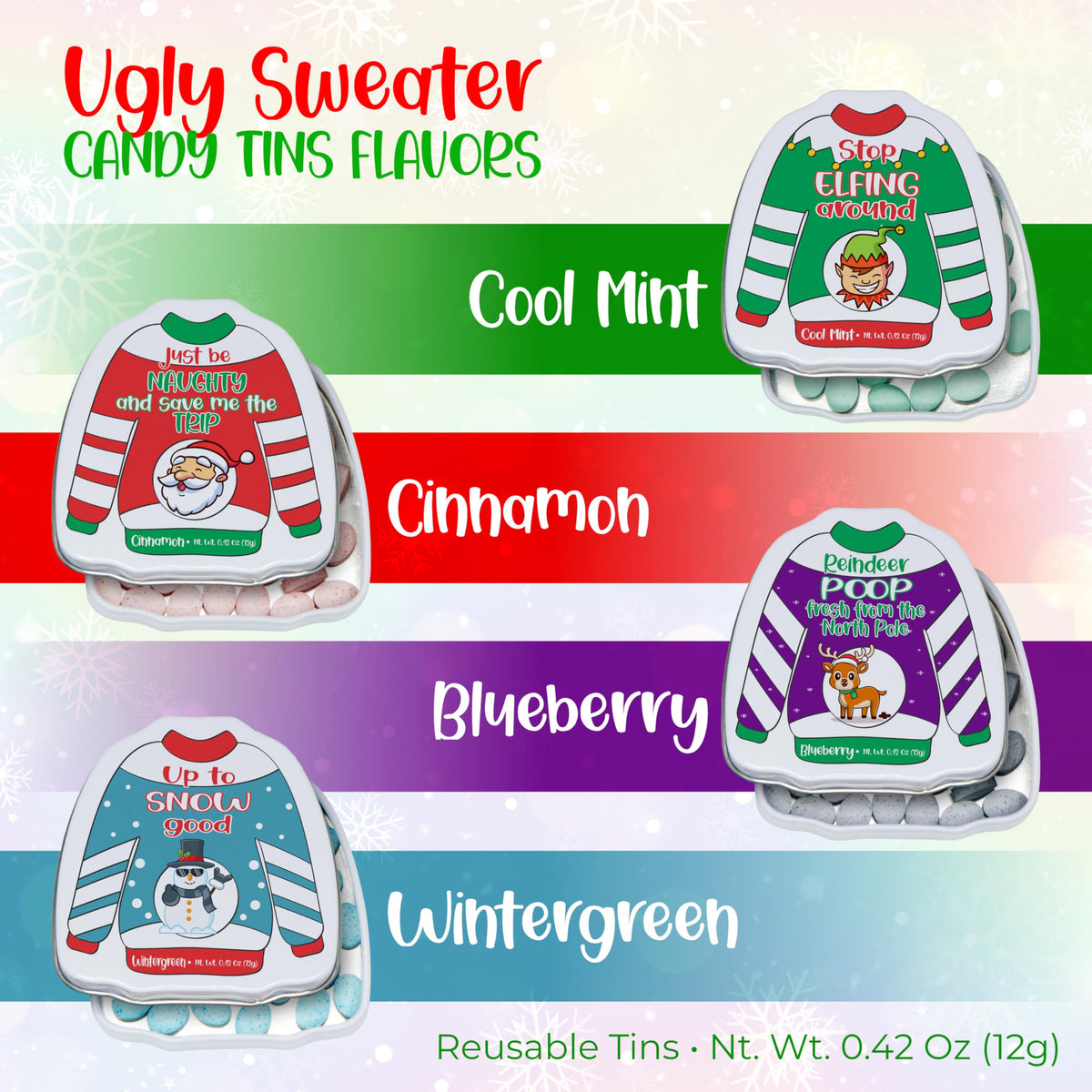 4E's Novelty Humorous "Christmas Poop" Candy Breath Mint Tins, 4 Pack Ugly Sweater Tins Funny Christmas Candy Stocking Stuffer for Kids Teens Adults Boys Girls Unique Funny Gag Gift White Elephant Gift Exchange for Men Women