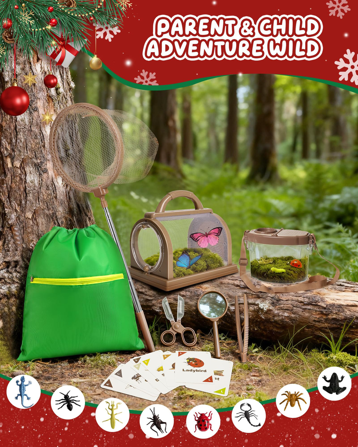 CUUCUVA Bug Catcher Kit for Kids Outdoor Explorer Kit with Insect Cage, Observation Box, Magnifying Glass, 8 Toy Bugs, Net & 10 Cards, STEM Educational Toys Gifting for Boys & Girls Ages 3+