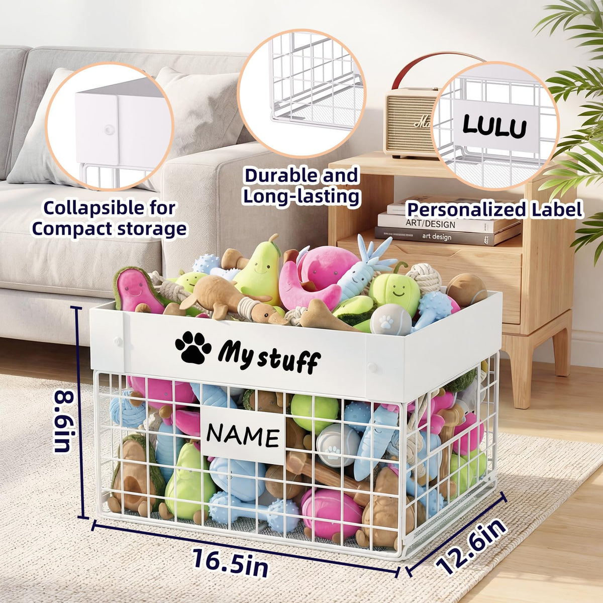 Kaiferty Indestructible X-Large Dog Toy basket, Chew-Proof Medium Toy Bin, Pet Toy Bin Dog Metal Basket for Toys, Puppy Toy Storage Organizer Blankets, Toy Box for Living Room Area (White)