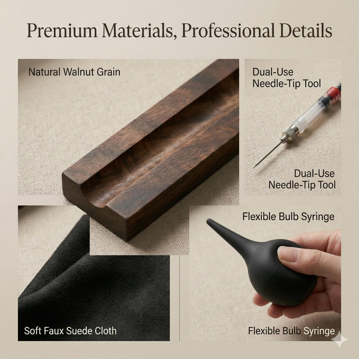 Fountain Pen Cleaning Kit with Black Walnut Pen Rest, 2 Ink Filling Tools, Premium Cleaning Cloth and Rubber Cleaning Bulb, Fountain Pen Maintenance Set for Flushing, Filling and Daily Pen Care