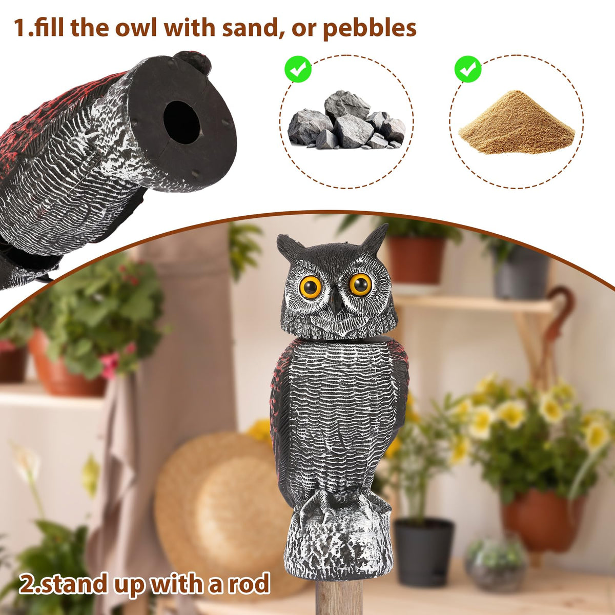 WonderField Fake Owl Decoys to Scare Birds Away-15.8 Inch, Rotating Head Sculptures, Nature Enemy Scarecrow Plastic Owl Statues, Bird Control and Pigeon Deterrent Outdoor for Outside, Patio, Yard