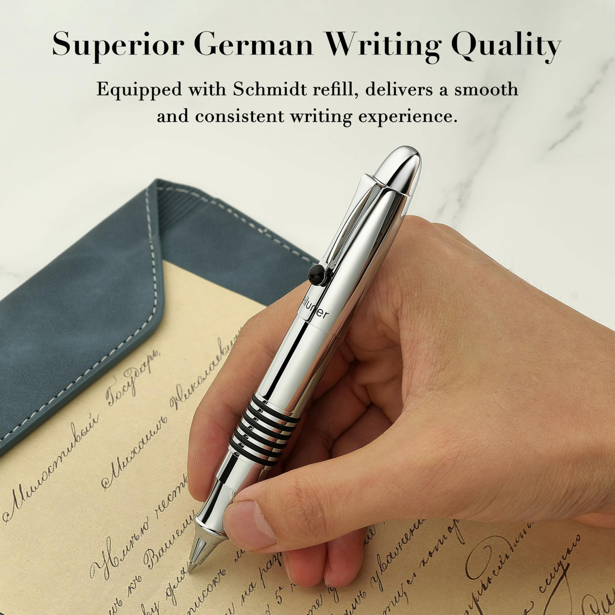 BEILUNER 320 Silver Chrome Rollerball - Stunning Luxury Pen with Chrome Finish, EDC, Heavy, Schmidt Black Ink Refill, Best Gift Set for Men & Women, Professional, Executive Office, Nice Classic Pens