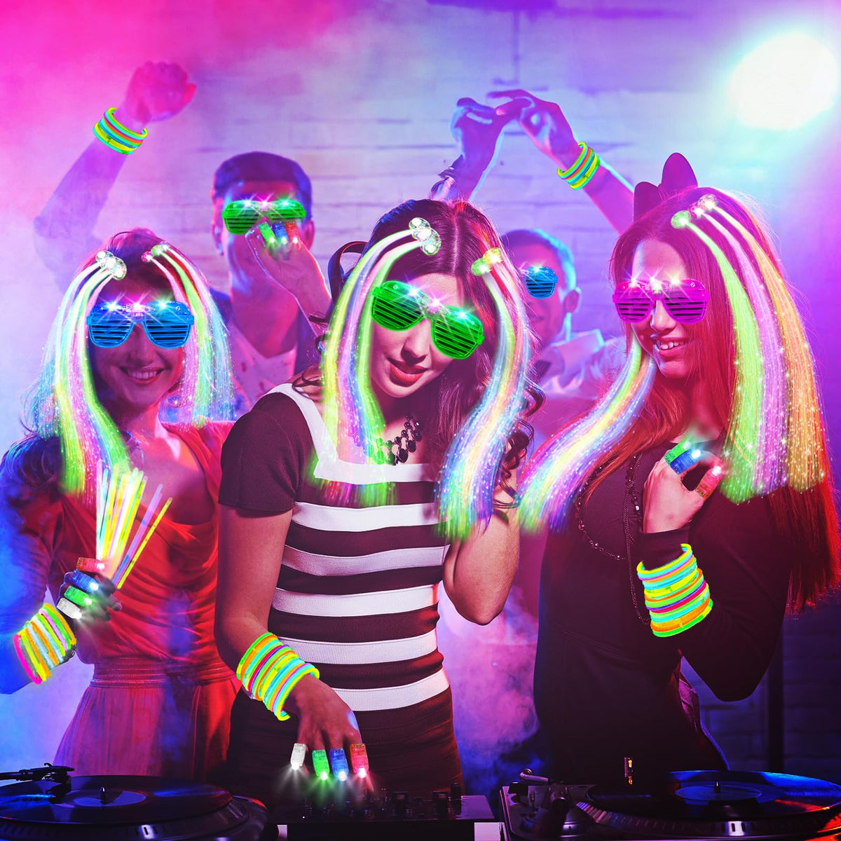 SHQDD 158 PCS Glow in the Dark Party Supplies, 14PCS LED Glasses, 30LED Finger Lights, 14LED Light Hairs and 100PCS Glow Sticks Bracelets, Neon Party Favors for Wedding, Concert, Birthday, New Year