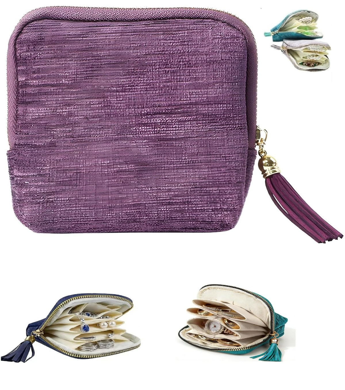 SEPSUMMER Travel Jewelry Case, Small High-End Large-Capacity Tassel Storage Bag Gifts for Women, Pouch Bags with Zipper, Velvet Jewelry Organizer Storage Bag for Bracelet Rings Earring (Purple)