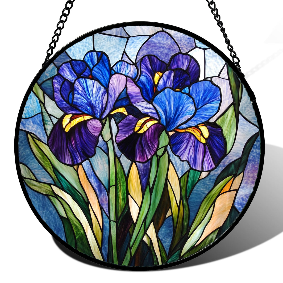 CRISGIF Stained Glass Window Hanging - Blue Purple Iris Flower Suncatcher for Door Garden Patio Sun Catchers Decor Christmas Mother's Day Birthday Gifts for Women Men Mom Nana Aunt Friend 6.3 in
