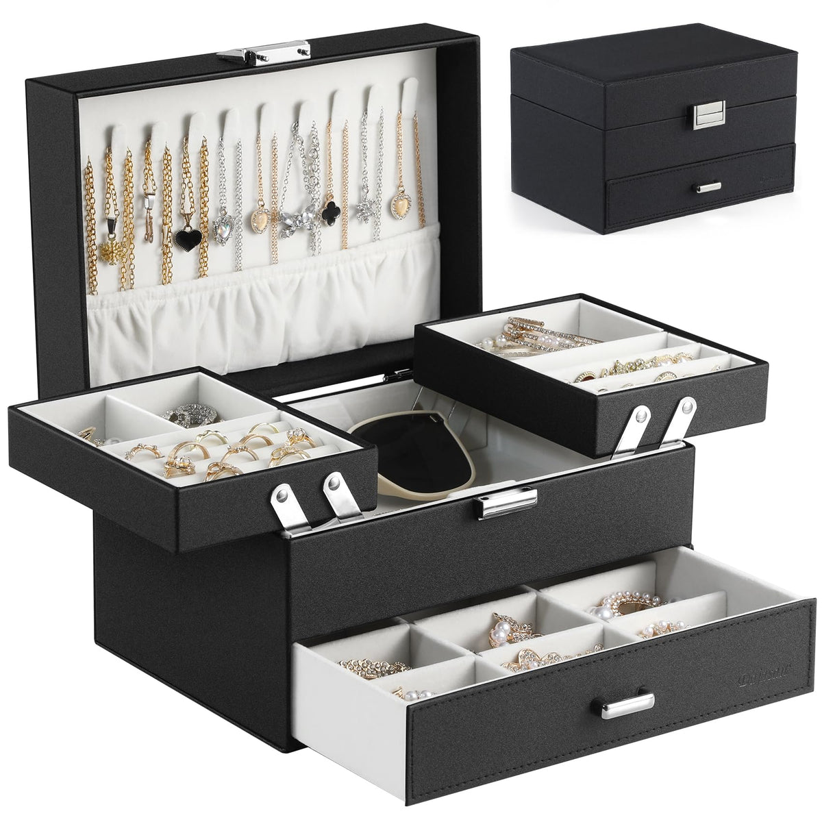Dajasan Jewelry Organizer Box, Large Jewelry Boxes for Women Girls, Space-Saving 3 Layers Jewelry Storage Case with Drawer, Movable Metal Stand, Modern, Gift Idea (Black)