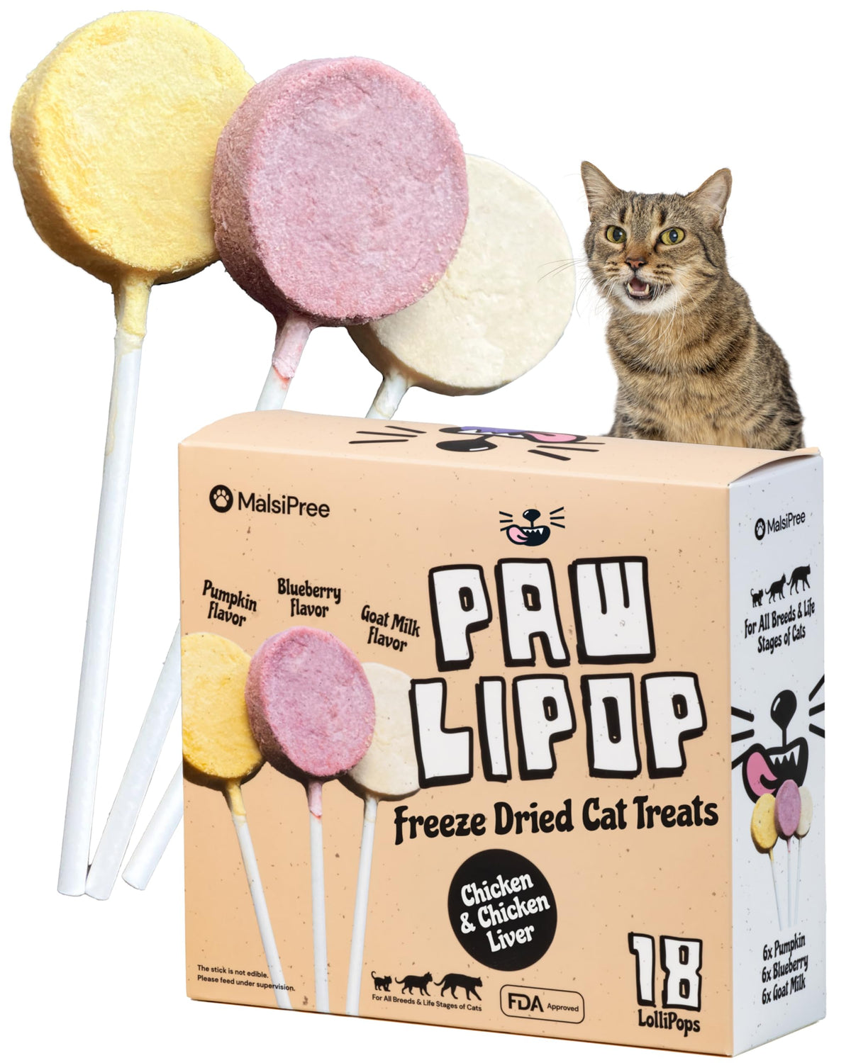 MalsiPree Cat Lollipop Treats - Interactive Cat Toy & Freeze Dried Cat Treats - Fun Suckers & Pops - Healthy Cat Birthday Treats, Cake Alternative & Snack - Food Toppers Chicken & Pumpkin, 18 Pack