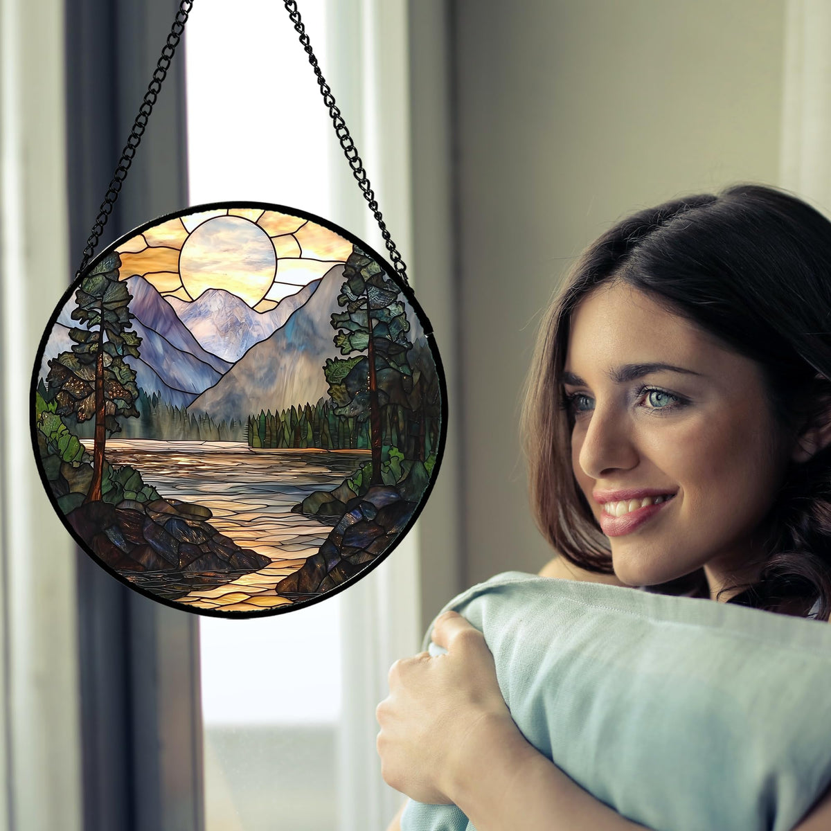 AMDERVEN Stained Glass Window Hanging, Sunset Mountains Lake Tree Sun Catcher for Window Home Decor Landscape Suncatcher Mother's Day Birthday Gifts for Women Men Mom and Nana 6.3 in