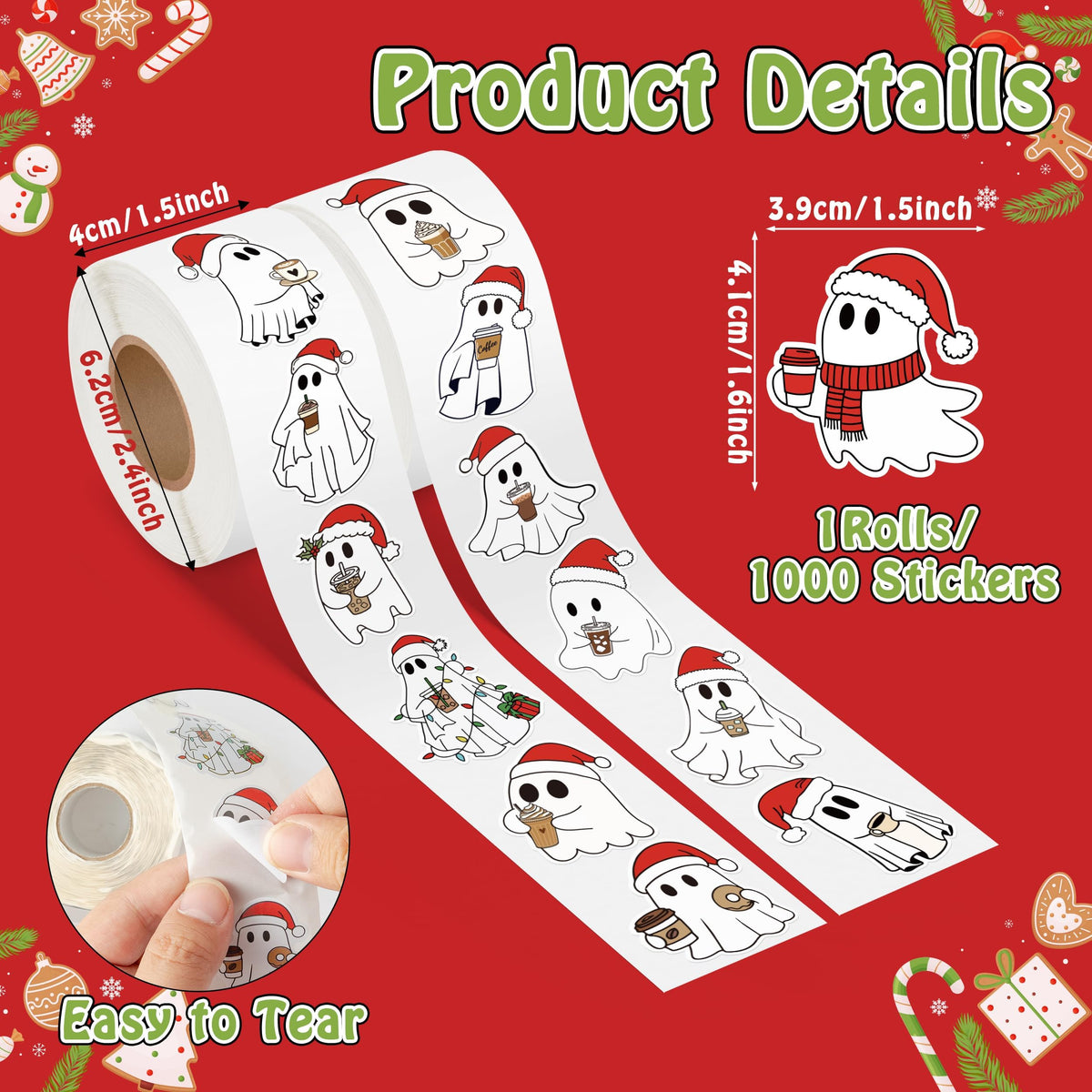 DSjuedui Christmas Ghost Coffee Roll Stickers - 1000Pcs Xmas Cartoon Boo Waterproof Stickers for Kids, Santa Hats Vinyl Decals for Laptops Guitar Bottles Party Decoration Birthday Gift Teacher Rewards
