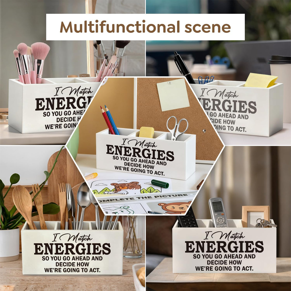 ELMCH Inspirational Office Pen Pencil Holder, Inspirational Gifts for Women Men Wood Desk Organizer and Accessories, I Match Energies Motivational Pen Holder Desk Organizer for Office Tabletop