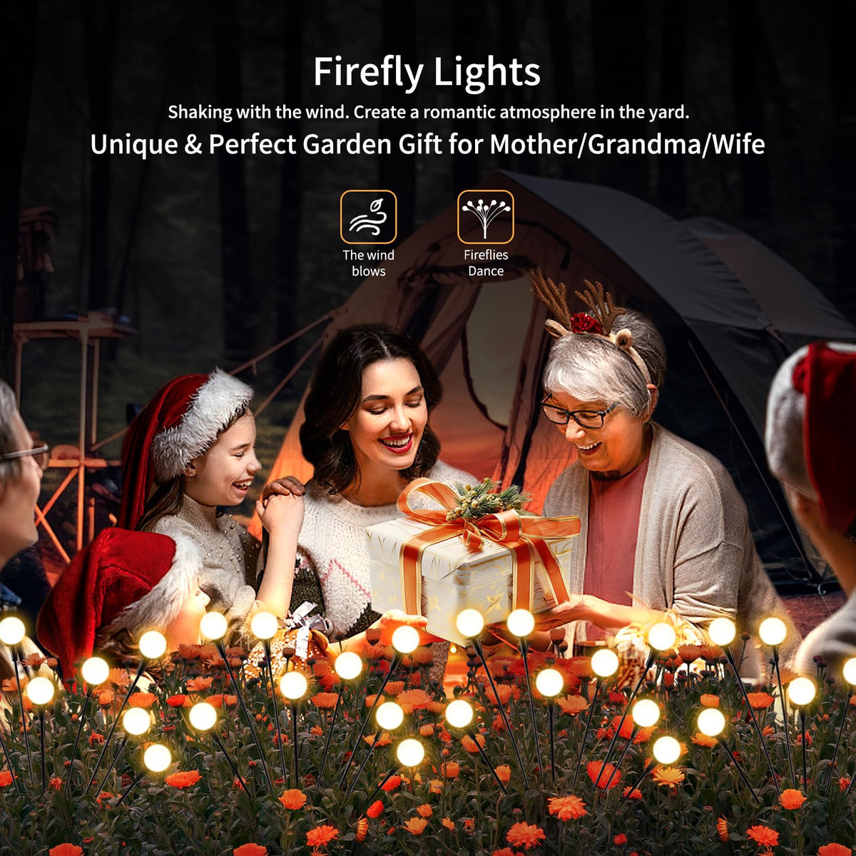 Solar Lights Outdoor Waterproof, 2 Packs 16LED, Solar Garden, Patio, Garden Decor, Patio Decor, Firefly Outdoor, Unique Gifts for Women, Gifts for Grandma