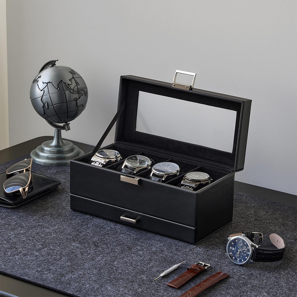ProCase Watch Case, 4 Slot Mens Watch Box Holder Organizer with Glass Lid, 2-Layer Watches Display Case, Mens Jewelry Box with Drawer, Birthday Valentine Gifts for Men Women -4 Slot, Black