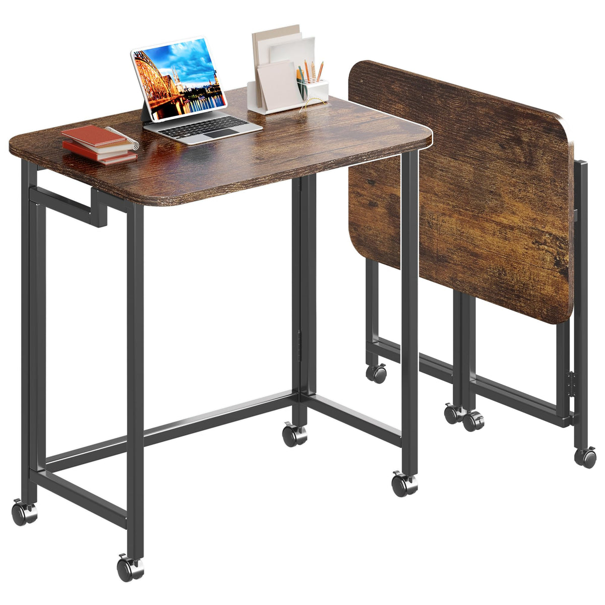 4NM 23.6" Mobile Small Rolling Computer Desk, Folding Laptop Cart Table with Wheels, Portable Office Desk for Small Space Couch Bed - Rustic Brown and Black