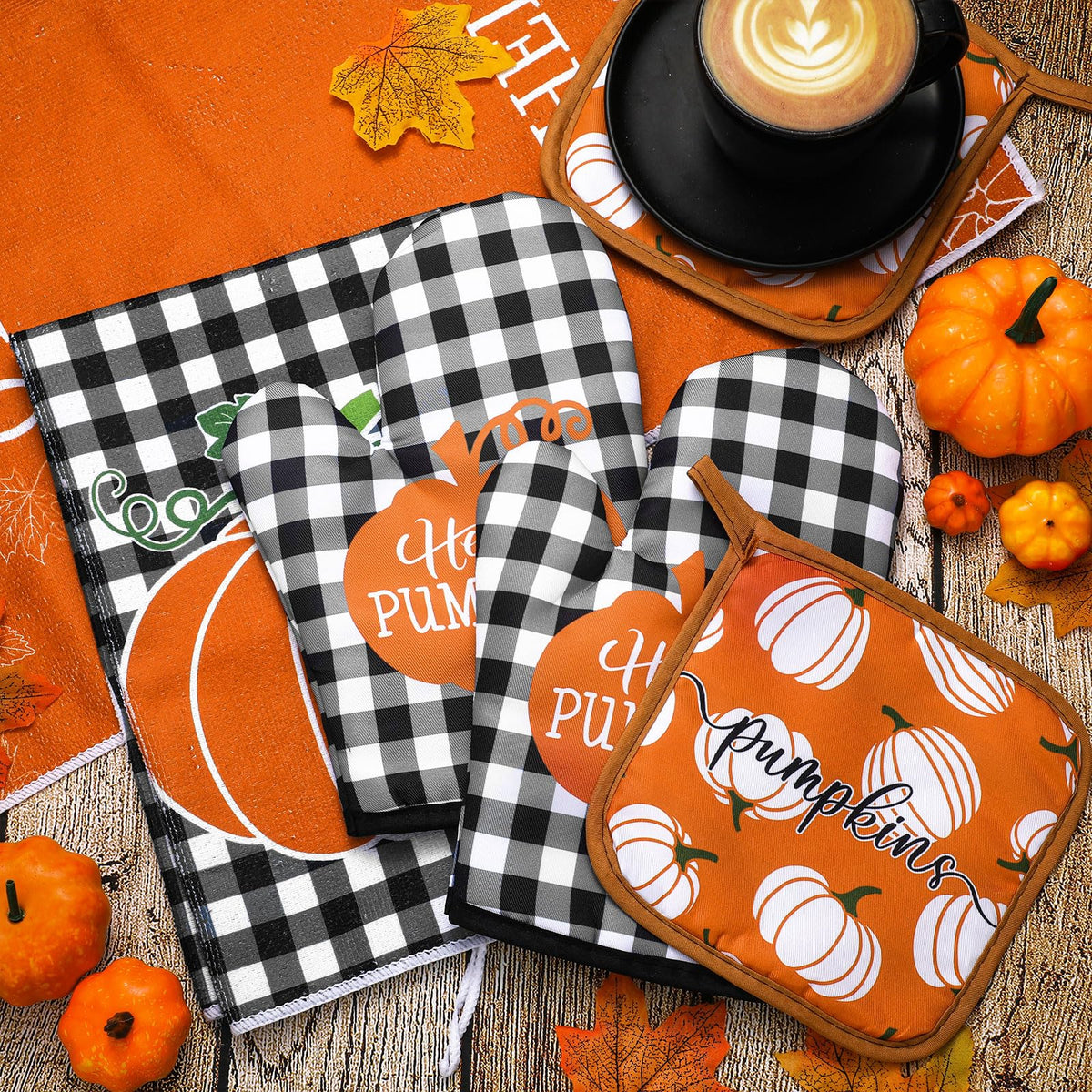 Leinuosen 6 Pack Fall Thanksgiving Kitchen Set with 2 Hello Pumpkin Dish Towels, 2 Pot Holders and 2 Buffalo Plaid Oven Mitts for Gifting, Baking and Cooking