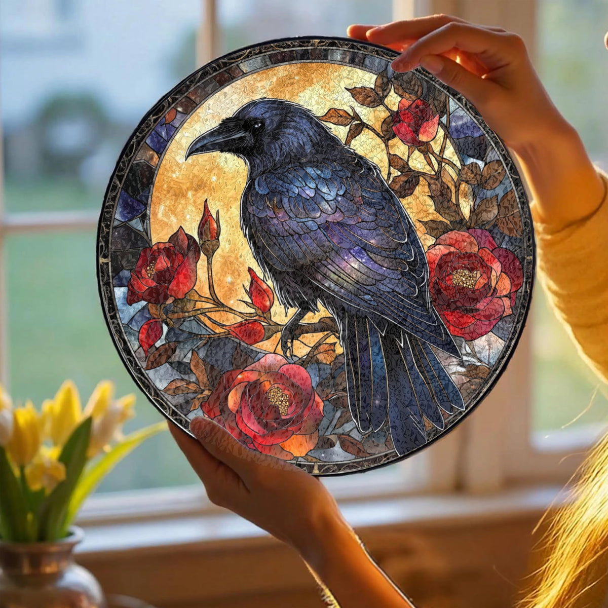 Gothic Black Raven Moon Roses Stained Glass Window Hanging Sun Catchers Dark Crow Glass Panel Hangings Crow Gift for Mom Grandma Halloween Lover Gift for Mom Holiday Ornament Housewarming 7.9inch