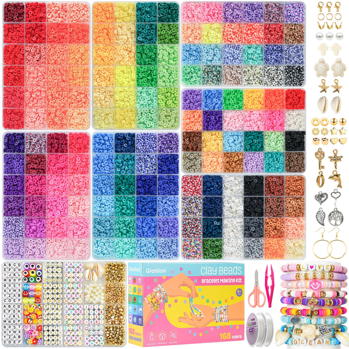 Gionlion 30,000 Pcs Clay Beads Bracelet Making Kit, 168 Colors 8 Boxes Flat Preppy Beads for Friendship Bracelets, Jewelry Kit with Pendant Charms Elastic String Crafts Arts Crafts Gifts
