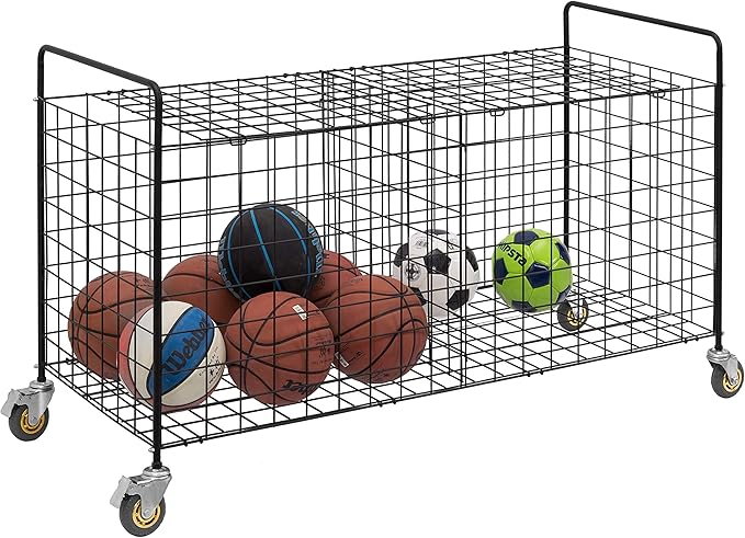 MyGift X-Large Capacity Black Metal Sports Ball and Gym Equipment Storage Rolling Cart with 2 Compartments, Lock Latch and Heavy-Duty Locking Caster Wheels, Garage Ball and Gear Organizer Holder