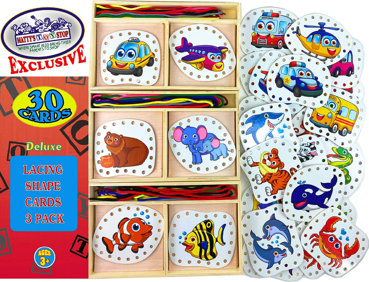 Matty's Toy Stop Deluxe Lacing Shapes (10 Count) Vehicles, Fish & Jungle Animals Educational Gift Set Bundle - 3 Pack (30 Shapes Total)