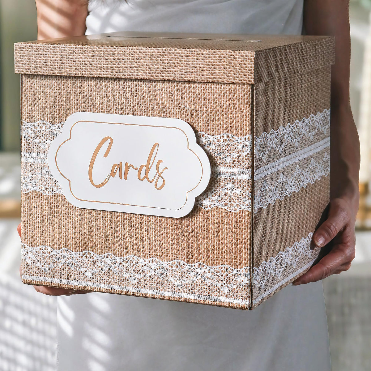 Kate Aspen Rustic Burlap & Lace Gift/Wedding Card Box, Money Box, Farmhouse Wedding Decorations For Reception - Also Perfect for Boho Baby Showers, Birthdays, Graduation