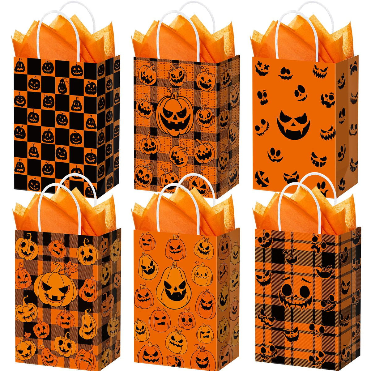 Kolldenn 24 Pcs Halloween Paper Gift Bags with Tissue Paper Pumpkin Goodie Treat Bags with Handles Wrapping Candy Party Favors Bag for Celebration Supplies Decorations