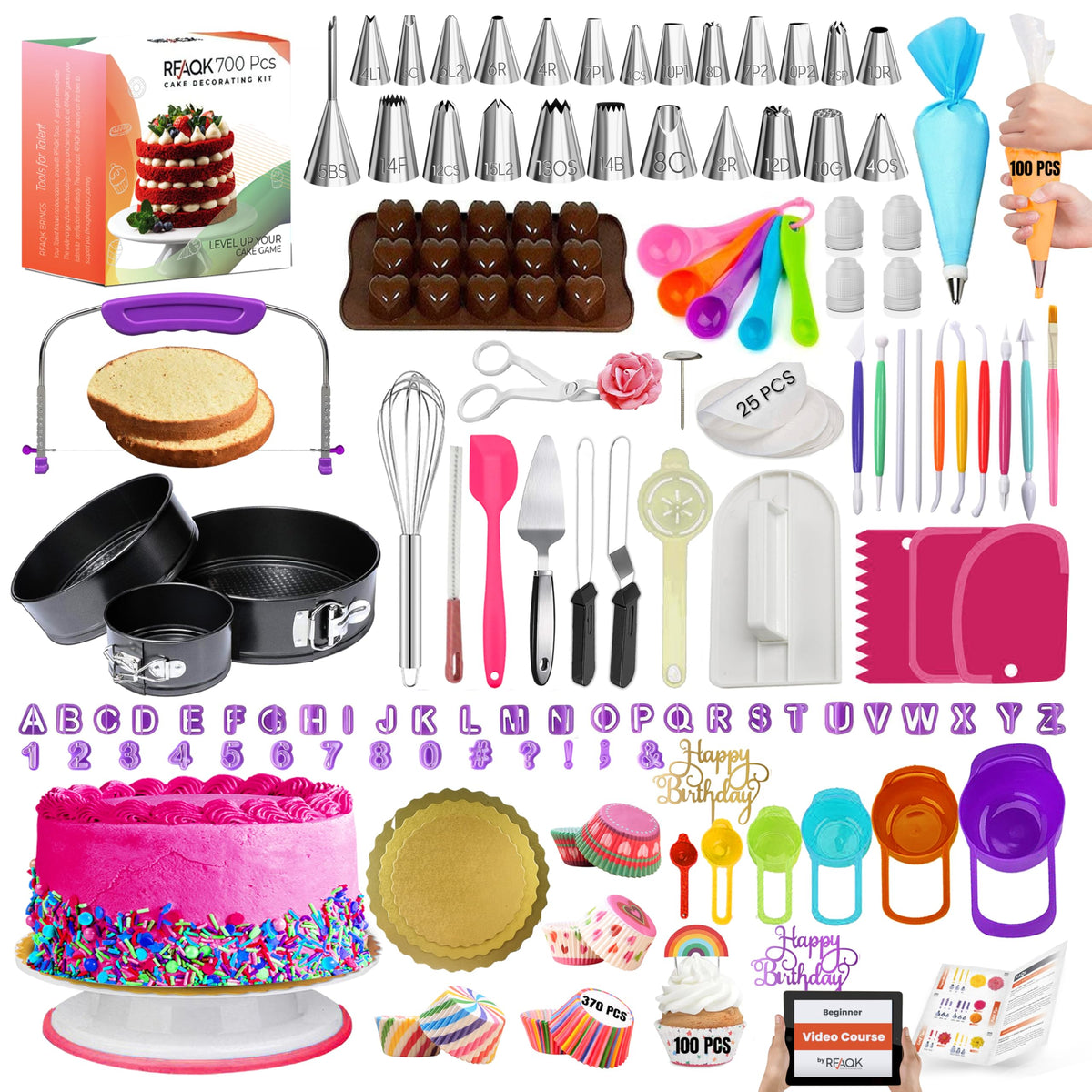 RFAQK 700PCs Cake Decorating Kit with Baking Supplies - Cake Turntable for Decorating with Baking Pans, Leveler, 24 Numbered Piping Tips, 2 Spatulas, Fondant Tools, Video Course, Pattern Chart & More