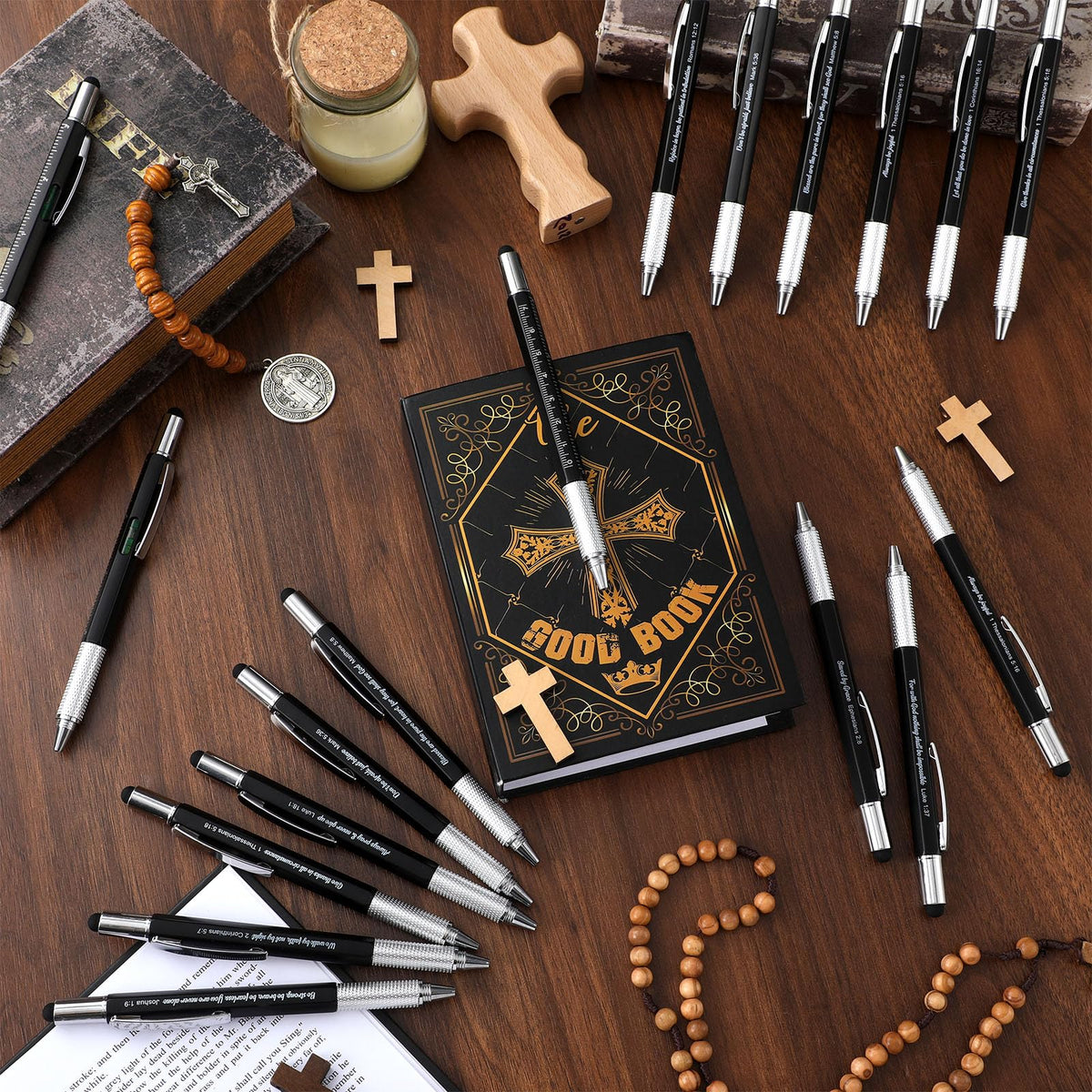 Sayglossy 48pcs Christian Multitool Pens Valentines Gift Bible Verse Religious 6 in 1 Multitool Pen Bulk with Ruler, Level, Stylus, Screwdriver for Men Pastor Father