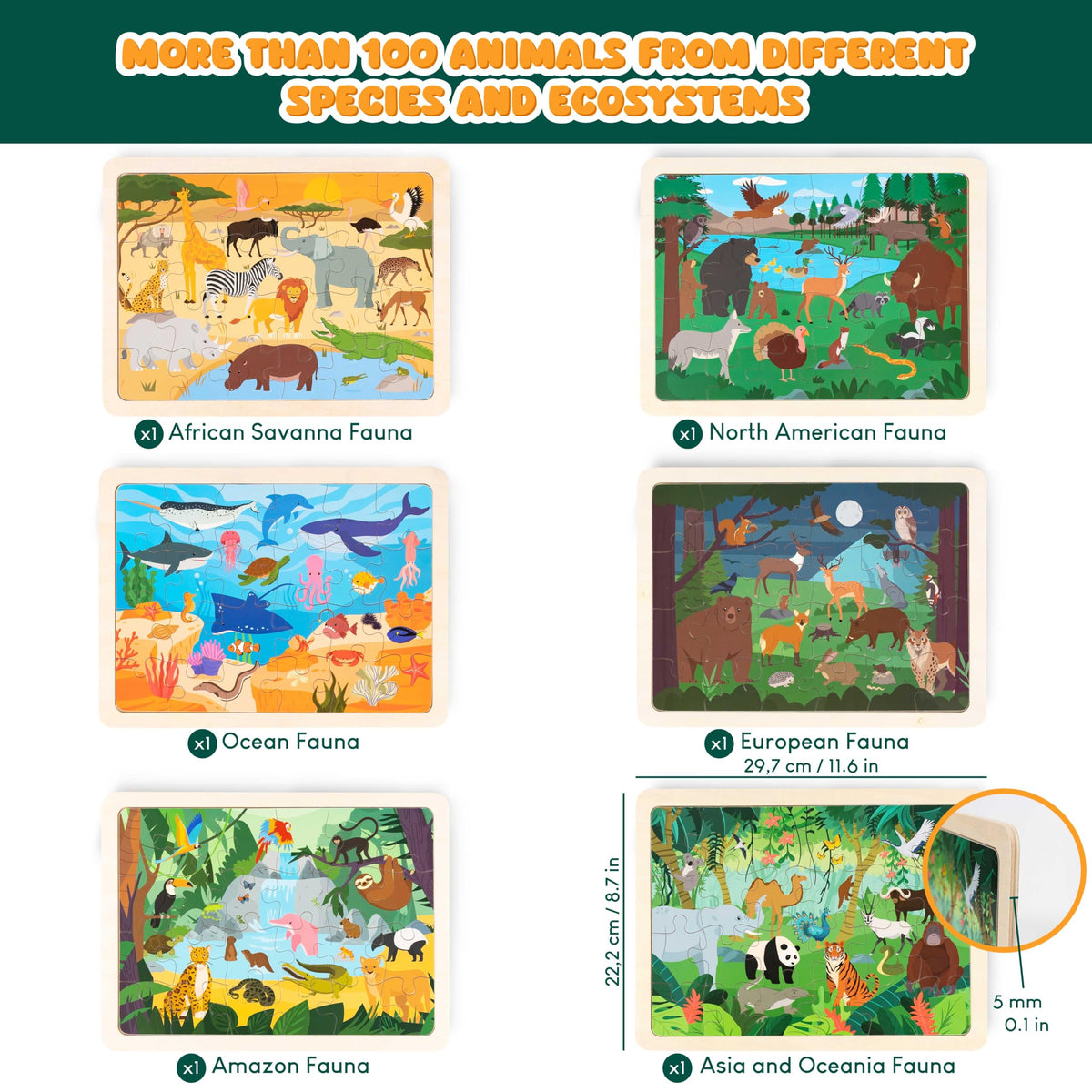 BONNYCO Wooden Puzzles for Kids Ages 4-6 and 3-5. Set of 6 Jigsaw Puzzles 24 Pieces with Board, Animals from Diverse Ecosystems. Educational Toys, Learning Gifts for Boys, Girls