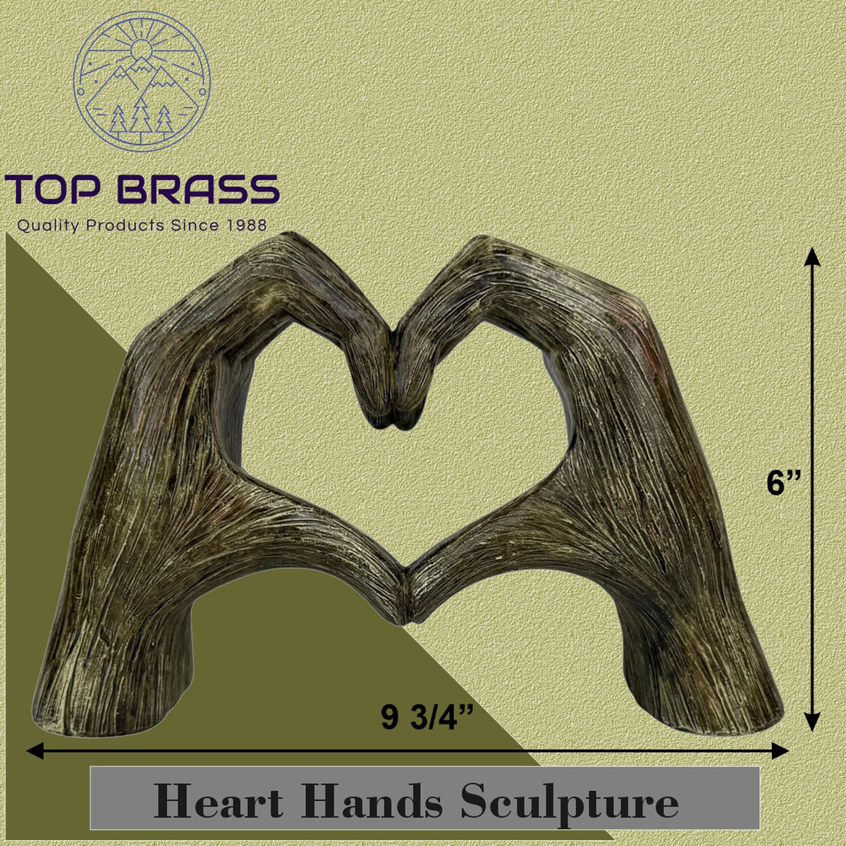 Top Brass Large Rustic Heart Hands Sculpture, 9 3/4” Resin Love Statue – Romantic Decor Accent for Shelf or Mantel – Perfect for Wedding, Valentine's Day or Anniversary (Rustic Wood Grain)