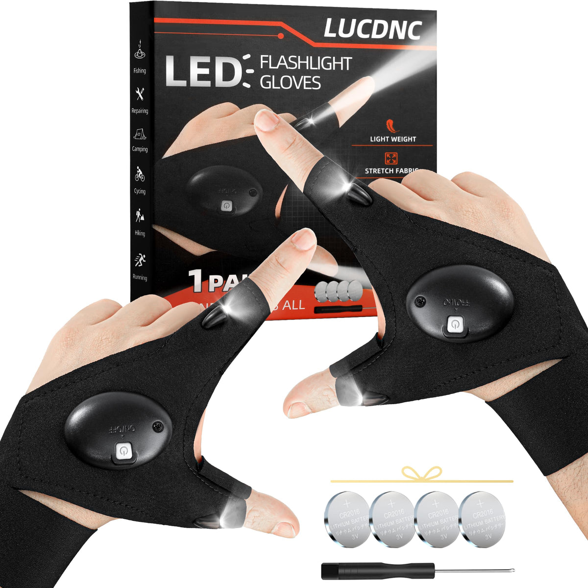 lucdnc Gifts for Men Stocking Stuffers for Adults LED Flashlight Gloves Cool Gadgets Tools Outdoor Hands Free Flashlights for Fishing Repairing Camping Unique Men Birthday Christmas Gifts