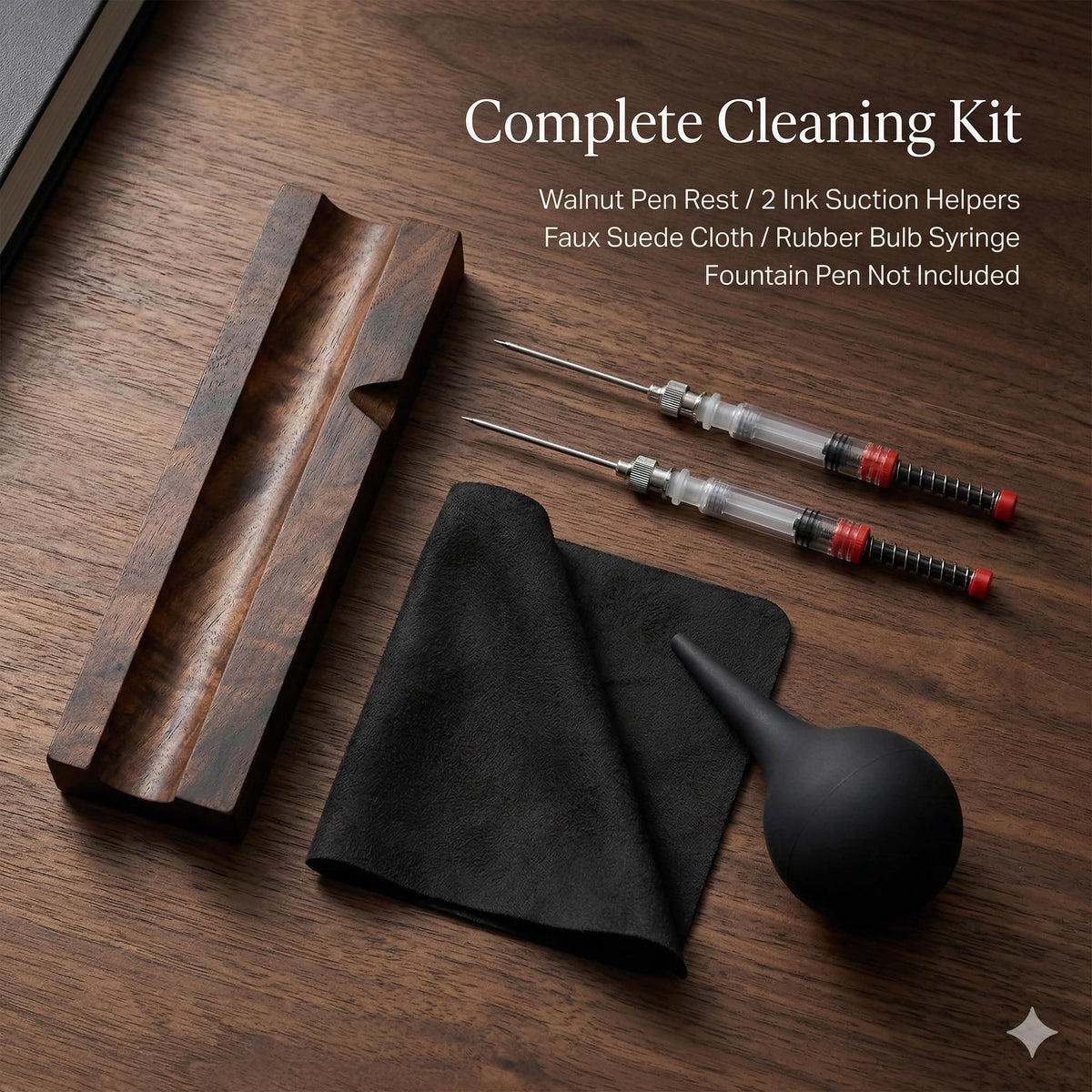 Fountain Pen Cleaning Kit with Black Walnut Pen Rest, 2 Ink Filling Tools, Premium Cleaning Cloth and Rubber Cleaning Bulb, Fountain Pen Maintenance Set for Flushing, Filling and Daily Pen Care