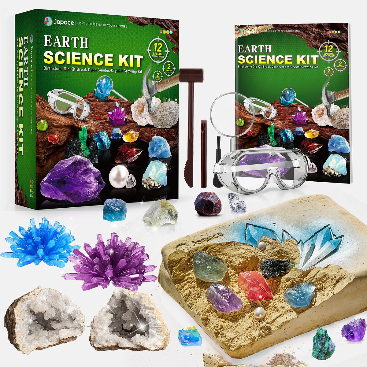 Japace Earth Science Kits for Kids Age 4-6-8-12-14, Birthstone Gemstone Dig Kit, Geology Kit with Break Your Own Geodes, Crystal Growing Experiment, Rock Mining Kit Birthday Gifts Toys for Boys Girls