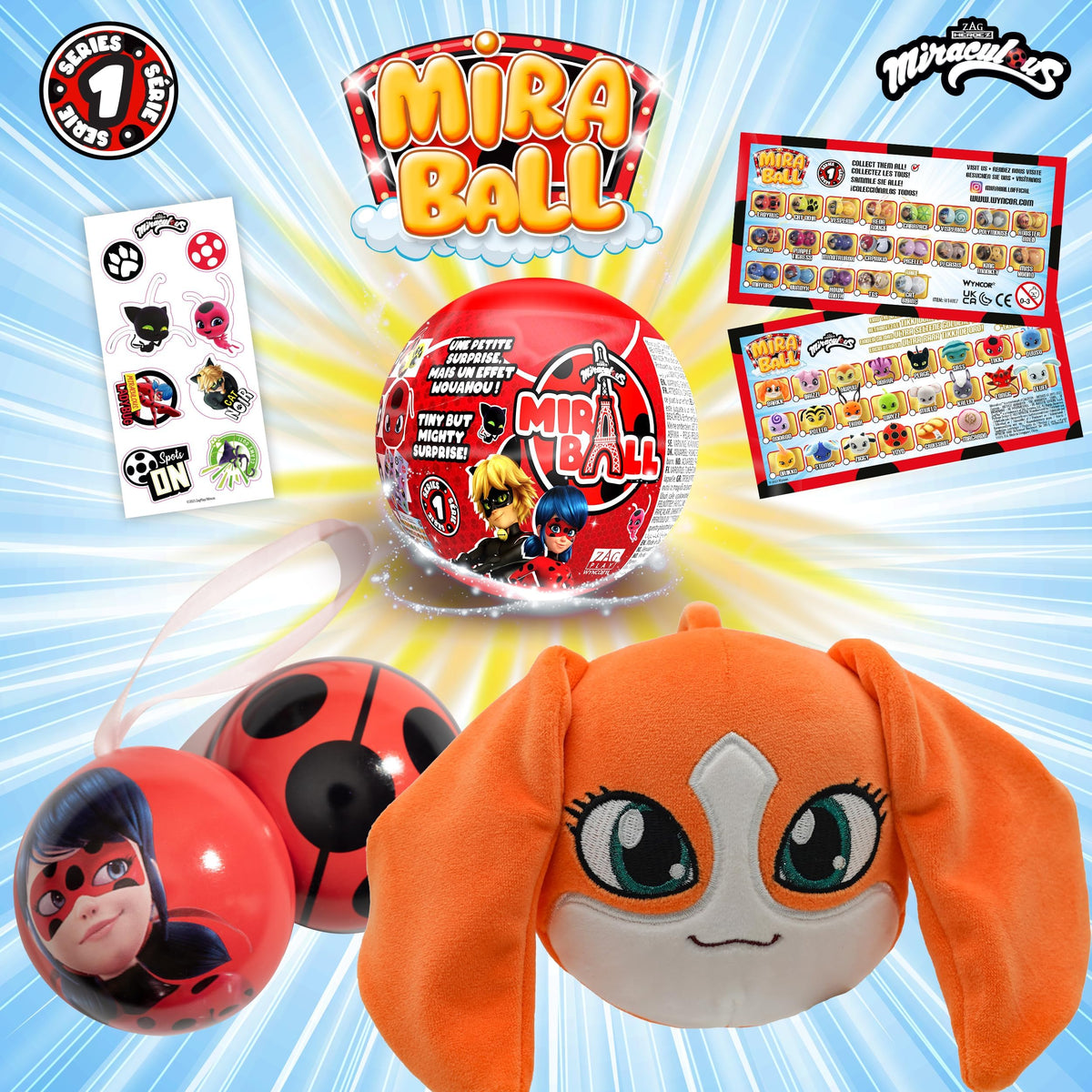 Miraculous Ladybug MiraBall, 3-in-1 Surprise, 4 Pack, Blind Box Toys for Kids - Collectable Characters from TV Shows - Metal Ball, Kwami Plush, Stickers, White Ribbon - Collect Them All