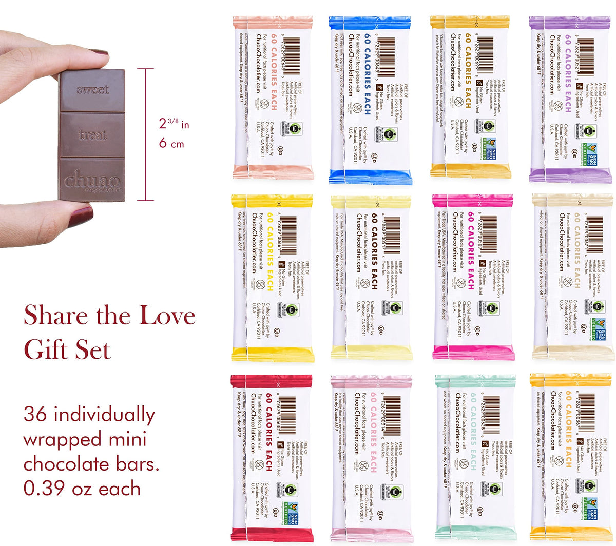 Chuao Chocolatier Share the Love Assorted Milk and Dark Mini Gourmet Chocolate Bars Gift Box | Sampler For Holiday, Birthday, Thank You, Corporate Gift Baskets | 36 Bars, 0.39 oz Each