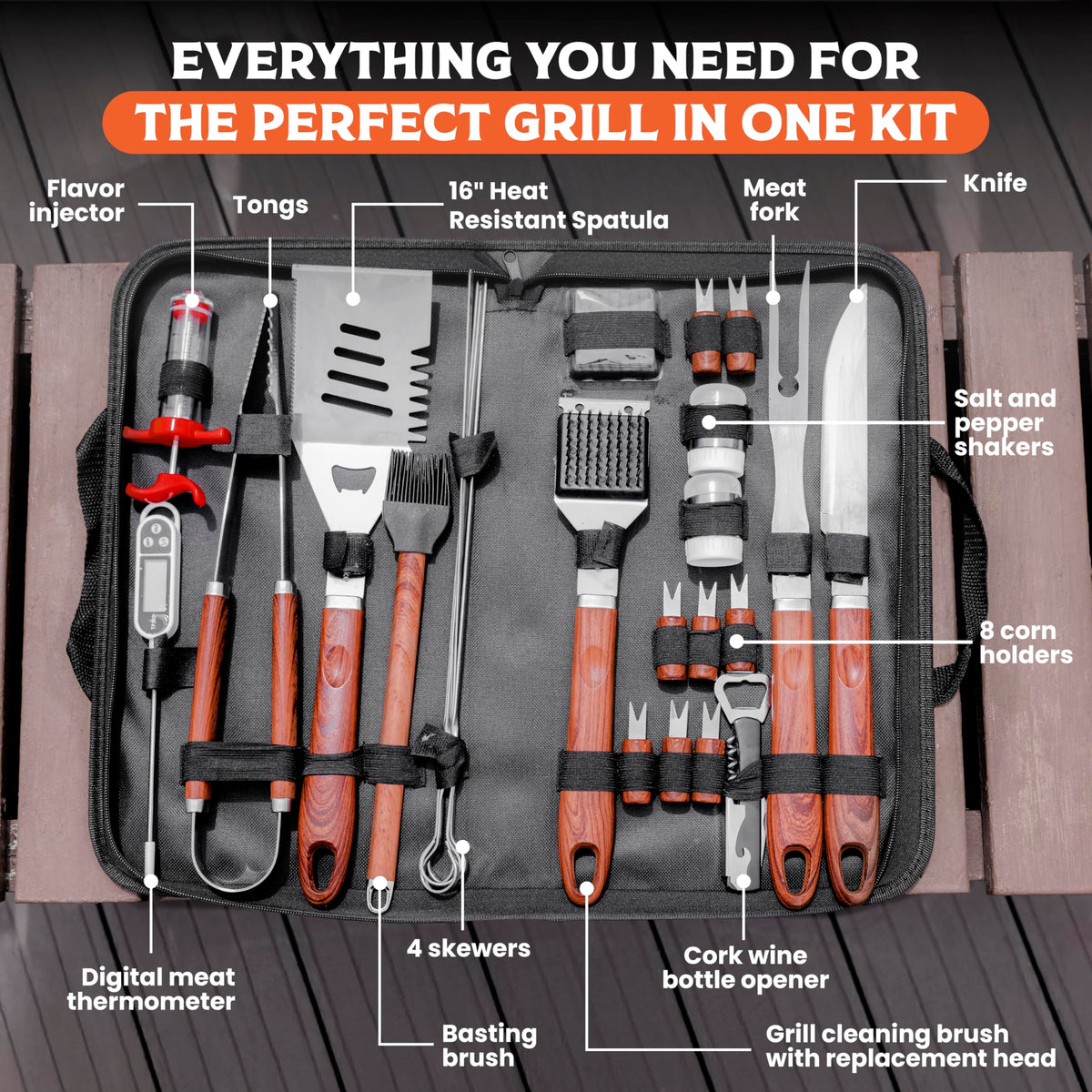 SpartaSake (24-Pack) Premium Stainless Steel BBQ Grilling Accessories with Wood Handles - Barbecue Gill Accessories Set for Blackstone Griddle - Outdoor Camping Grill Set for BBQ for Dad Men Women