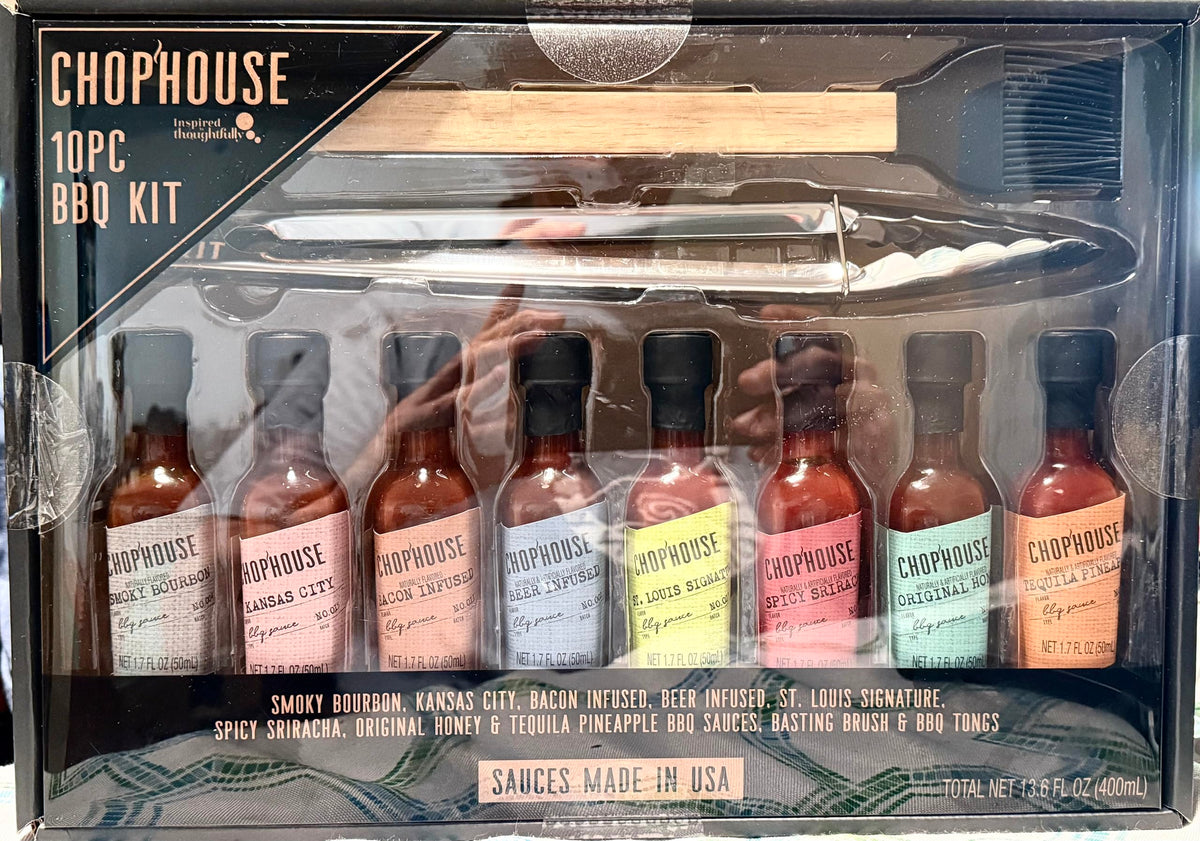 Chophouse BBQ Sauce Gift Set by Thoughtfully – 8 Gourmet BBQ Sauces + Stainless Steel Tongs & Basting Brush – Sweet, Spicy & Smoky Flavors for Grilling