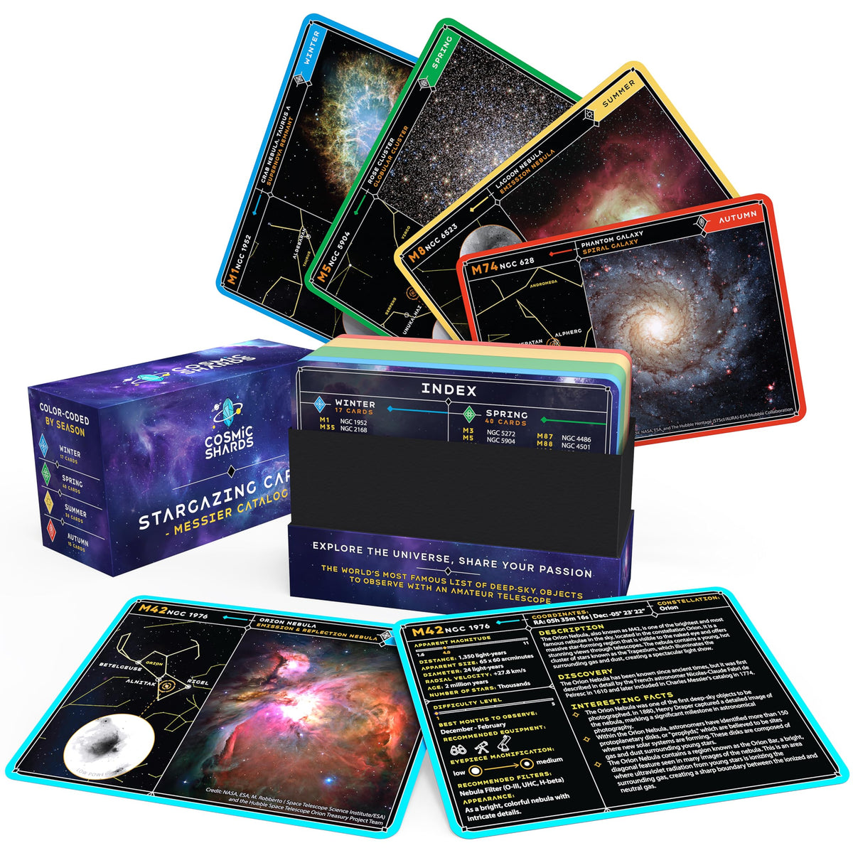 Stargazing Cards - Messier Catalog | Night Sky Exploration Kit for Telescopes & Binoculars | Flashcards with Star Charts, Astrophotography & Facts | Perfect Astronomy & Space Gift for Kids & Adults