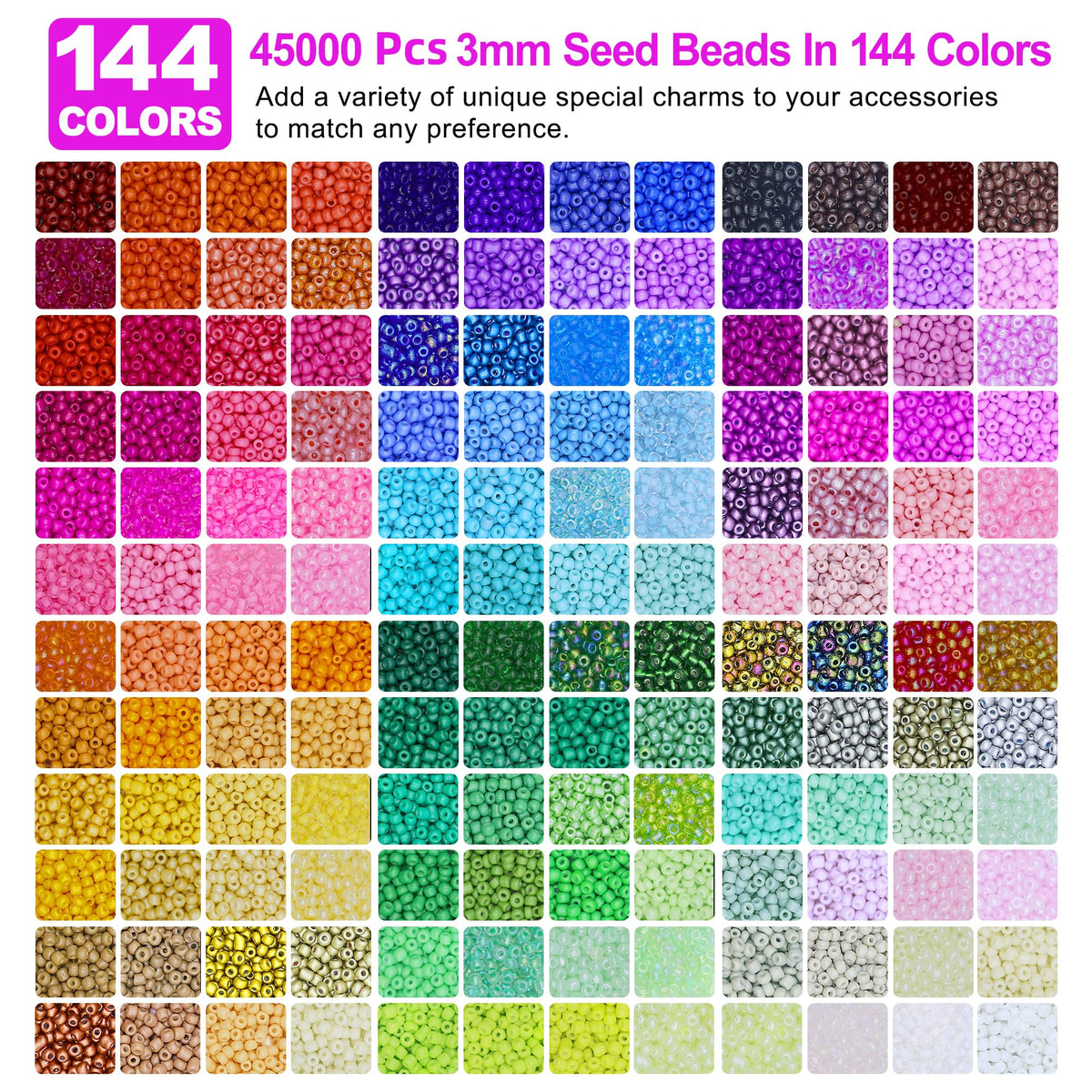 Redtwo 3mm 45000pcs Glass Seed Beads Kit, 7 Boxes 144 Colors Small Beads for Bracelets, Friendship Bracelet Kit with Charms and Letters