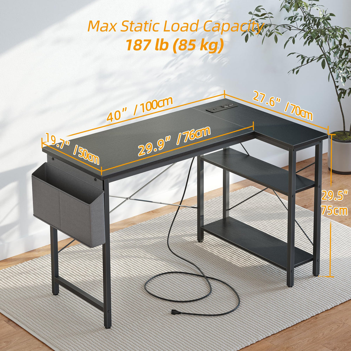 TIQLAB Gaming Desk with Power Outlets - 40 inch L Shaped Computer Desk, Reversible Design Small Corner Desk, Bookshelf Workstation for Work Study Play Home Office, Black