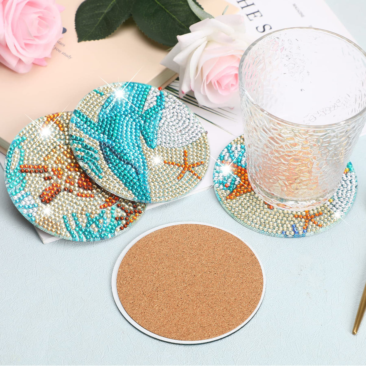 UPINS Ocean Diamond Art Painting Coaster Kit, 8Pcs DIY Crafts Kit with Holder, Non Slip Coaster Art Supplies for Adults, Ideal Christmas Gift