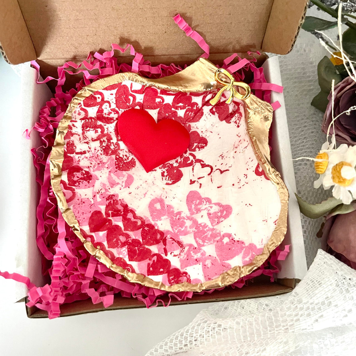 Distressed Hearts Love Trinket Gifts for Women Girls, Handmade Home Decor 3.5" Organic Shell Jewelry Tray Ring Storage Dish, Birthday Bridal Wedding Valentines Mothers Day Best Mom Graduation Gifts