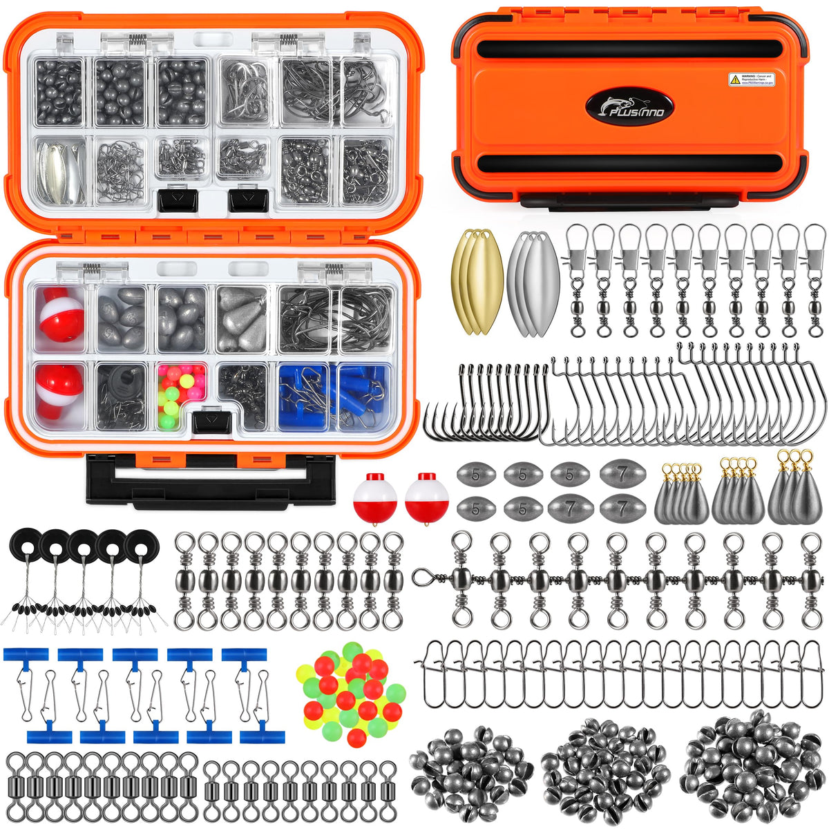 PLUSINNO Fishing Gear Accessories Kit, 253PCS Fishing Tackle Box with Tackle Included, Fishing Hooks, Fishing Weights Sinkers, Spinner Blade, Fishing Equipment for Bass Trout Bluegill Crappie