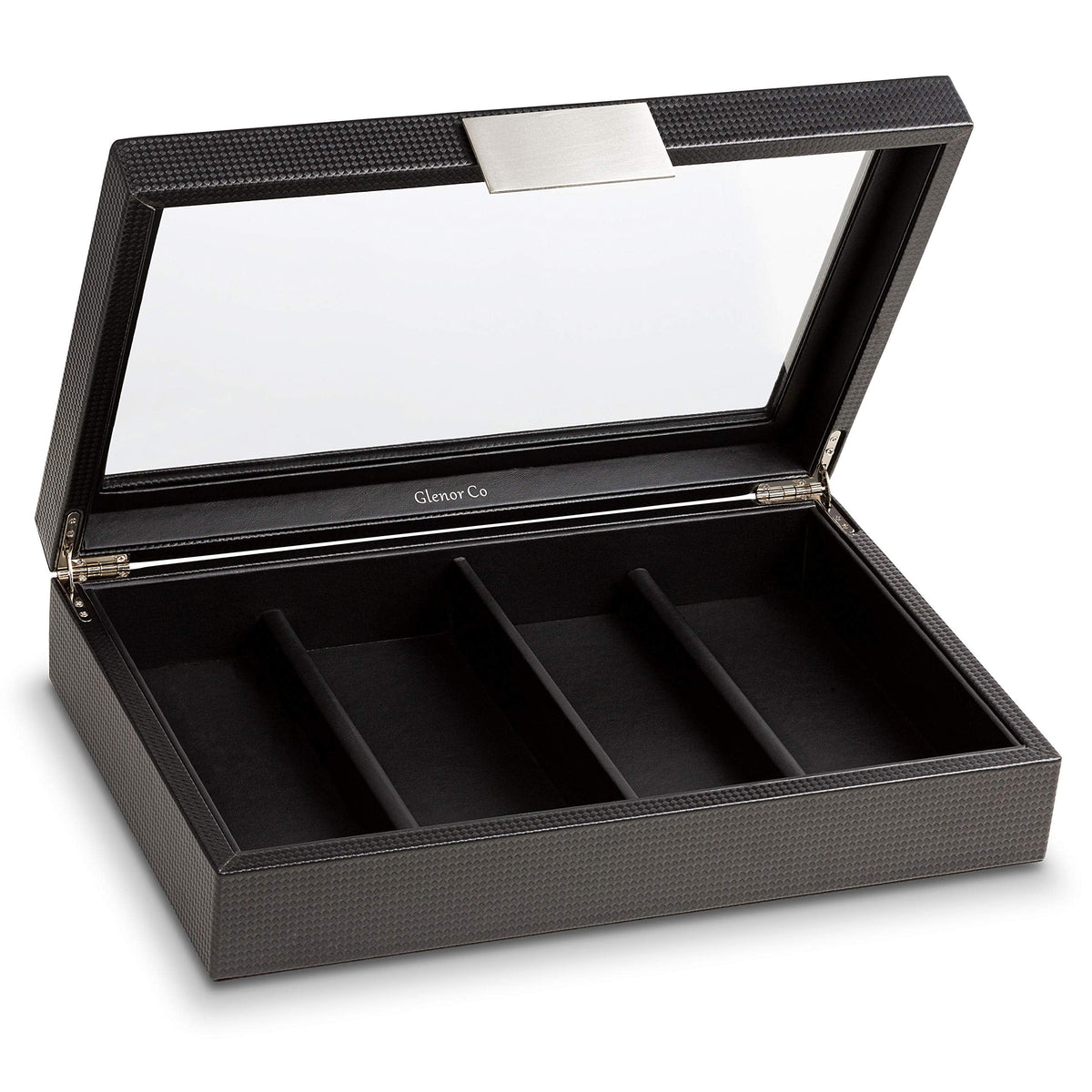 Glenor Co Sunglasses Organizer Case - 8 Slot Storage Holder to display Sunglass/Eye Glasses - Modern Box with Clear Glass Top and Metal Buckle for Men and Women - Carbon Fiber Leather Design - Black