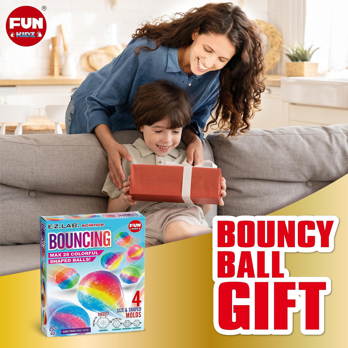 Big Bouncy Ball Kit for Kids, FunKidz DIY Ultimate Magic Bouncy Balls Making Kit Science Craft Projects Birthday Party Activities for Boys Girls Ages 6-12 Includes Tennis Size Ball Model and Powder