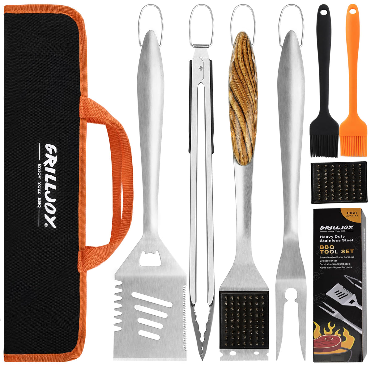 Grilljoy 8PCS Heavy Duty BBQ Grill Tools Set with Extra Thick Stainless Steel Spatula, Fork, Tongs & Cleaning Brush - Complete Barbecue Accessories Kit with Portable Bag - Perfect Grill Gifts for Men