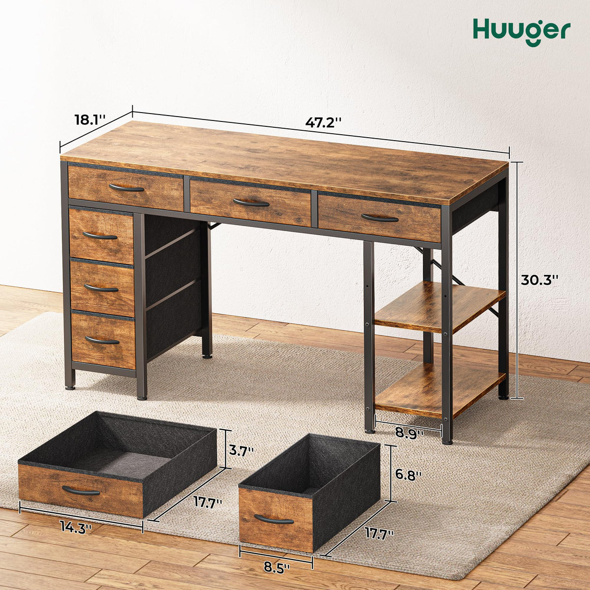 Huuger Computer Desk with 6 Drawers, Office Desk with Shelves, Reversible Gaming Desk, Corner Desk with Storage, Work for Home Office, Study, Living Room, 47inch, Rustic Brown