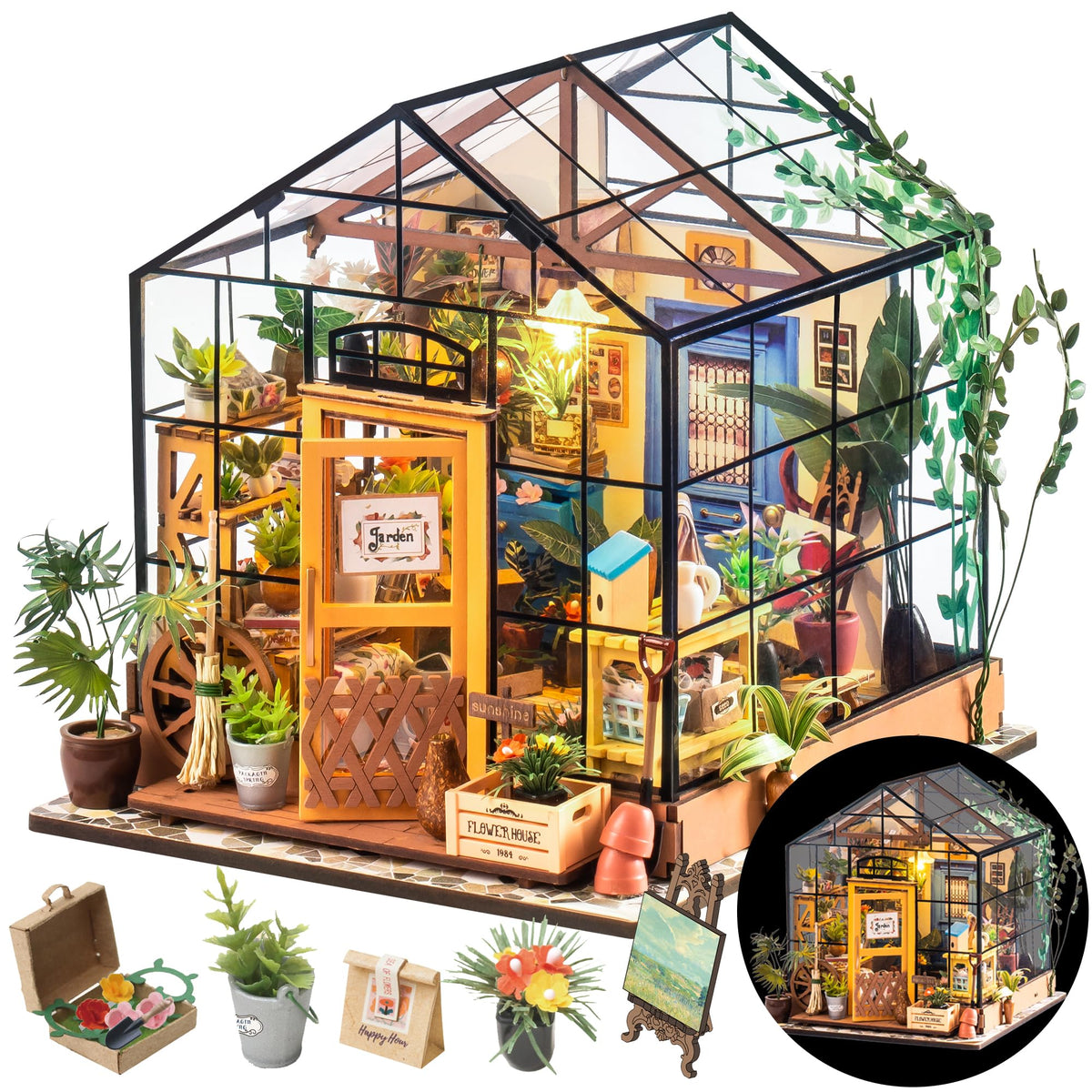 Rolife DIY Miniature Greenhouse Kit, Tiny/Mini House Making Kit with Furniture for Adults, Furniture, Halloween/Christmas Decorations, Gifts for Family and Friends (Cathy's Greenhouse)